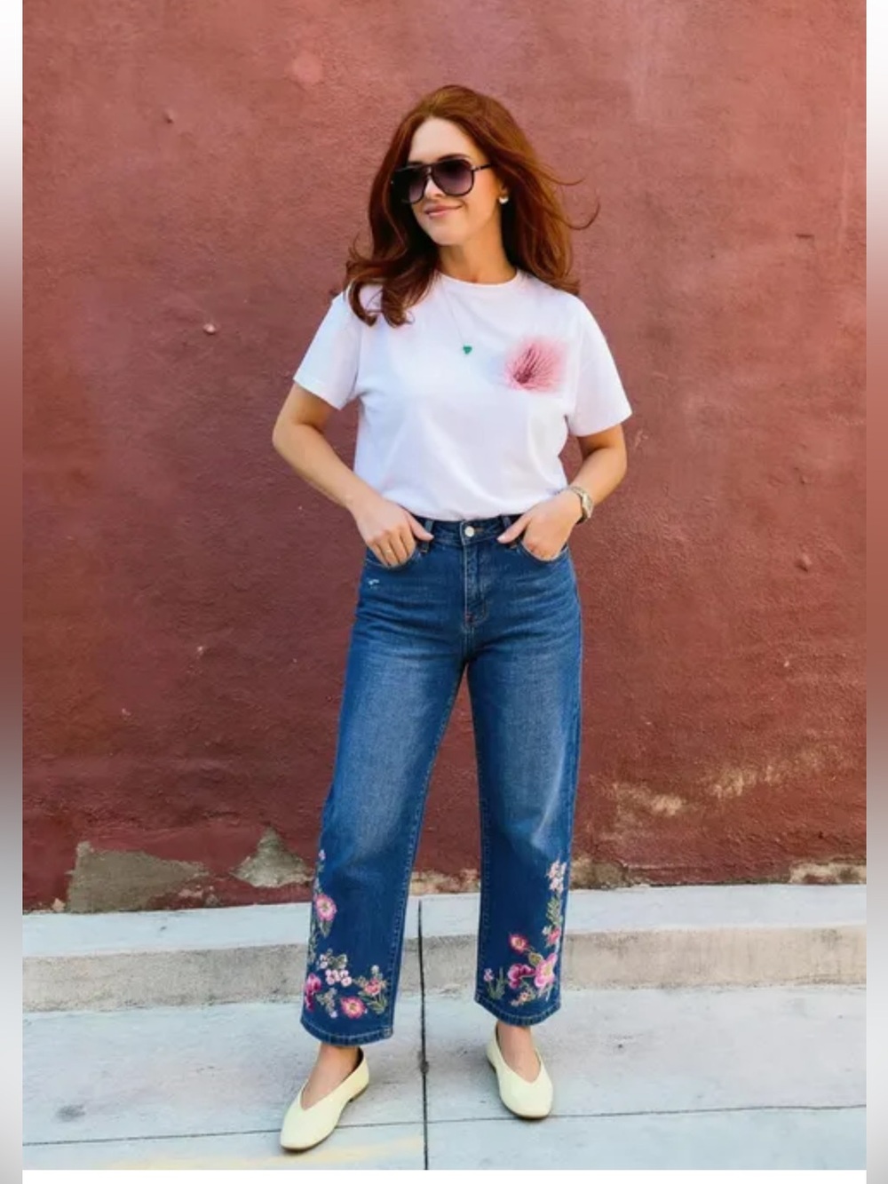 Flamingals Wash Floral Embroidery Mid Rise Straight Leg Jeans